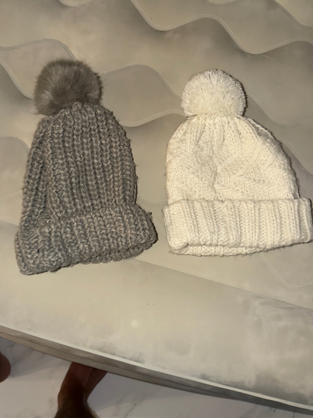 Kids Pom-Pom Knit Beanie Hat - White & Gray